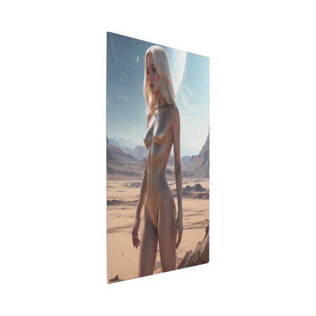 Gold clad female on otherworldly planet. metal print (3/4)