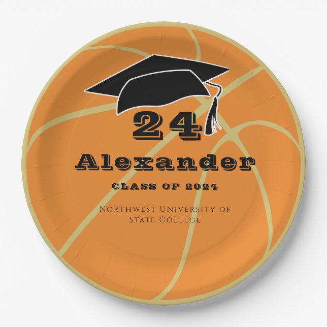 Gold Class of 2022 Basketball Ball Graduation Paper Plates (Front)