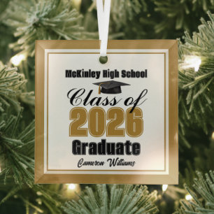 Gold Class of 2026 Graduation Custom Christmas Glass Ornament