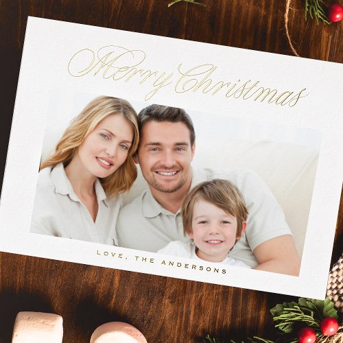 Gold Classic Calligraphy Merry Christmas Photo Foil Holiday Card
