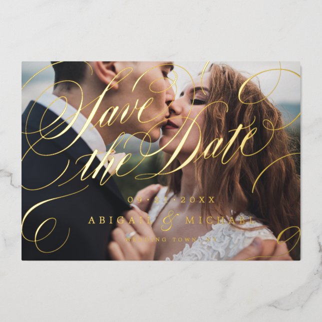 Gold classic calligraphy photo save the date foil invitation (Front)