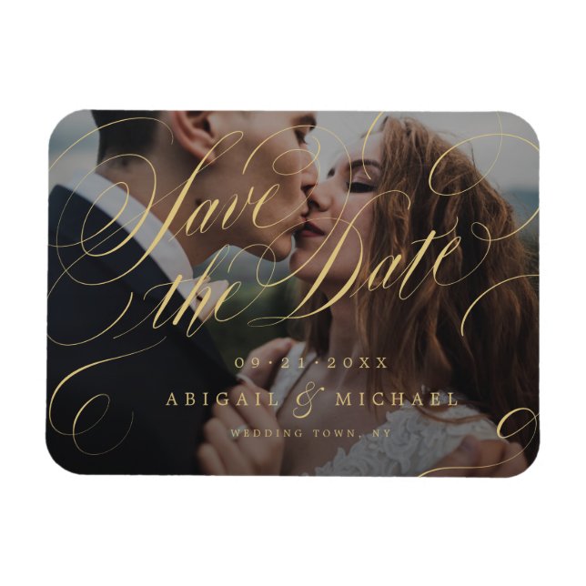Gold classic calligraphy photo save the date magnet (Horizontal)