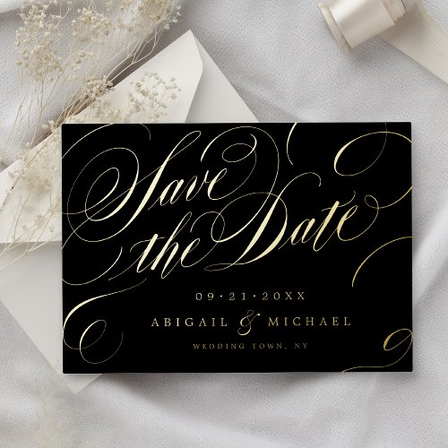 Gold classic calligraphy vintage save the date foil invitation