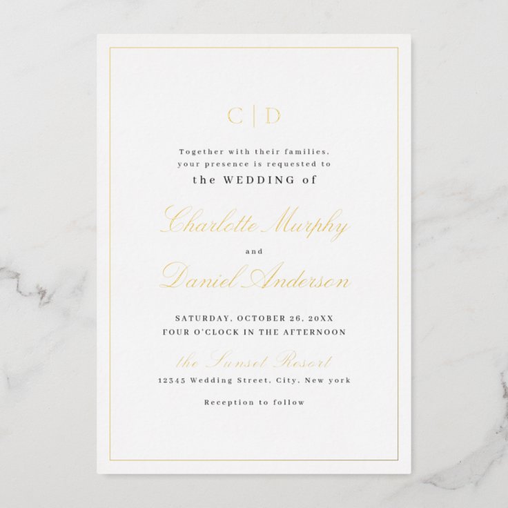 Gold Classic Elegance Script Monogram Wedding Foil Invitation | Zazzle