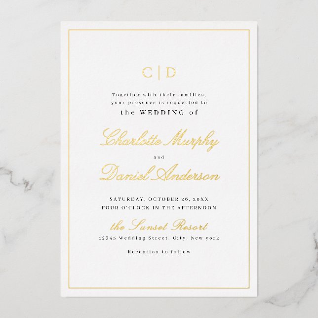 Gold Classic Elegance Script Monogram Wedding Foil Invitation (Front)