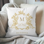 Gold Classic Floral Crest Monogram  Throw Pillow<br><div class="desc">Elegant floral crest throw pillow with a last name and established date. For more advanced customization of this design,  please click the BLUE DESIGN TOOL BUTTON above!</div>