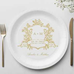 Gold Classic Floral Crest Monogram Wedding Paper Plates