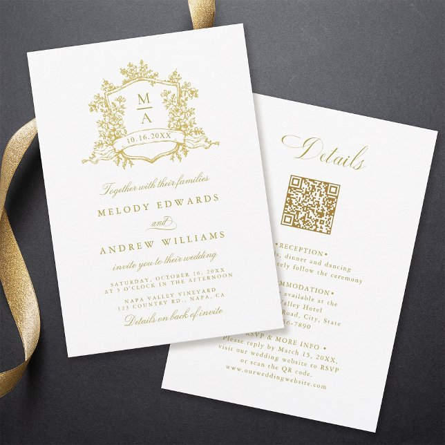 Gold Classic Floral Crest Wedding All in One Invitation (Front & Back)