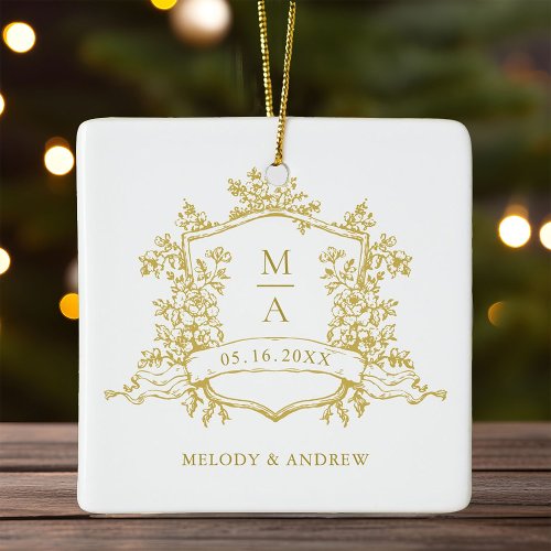 Gold Classic Floral Crest Wedding Photo Ceramic Ornament
