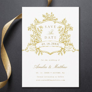 Gold Classic Floral Crest Wedding Save The Date