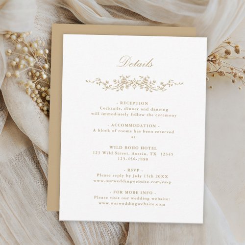 Gold Classic French Floral Wedding Details Card