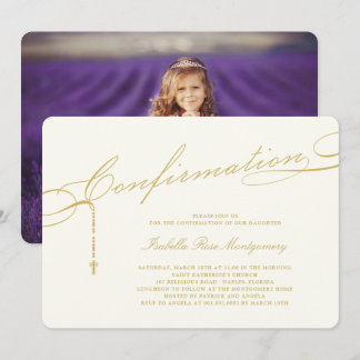 Gold Classic Script Rosary Confirmation Religious Invitation