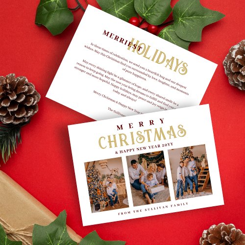 Gold Classic Stylish Luxurious Christmas 3 Photos Holiday Card