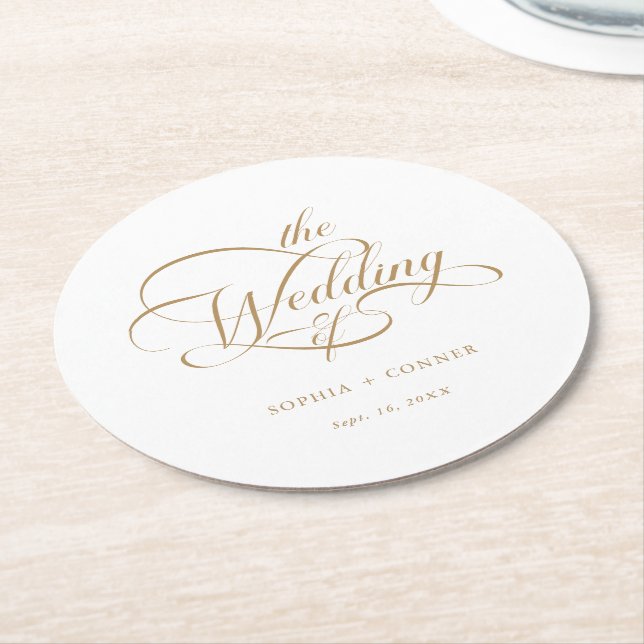 Gold Classy Calligraphy Wedding  Round Paper Coaster (Angled)