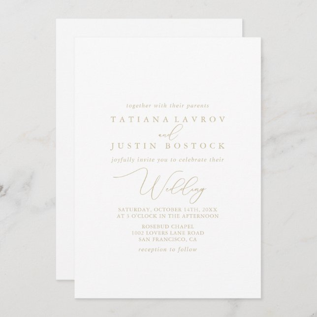Gold Classy Chic Minimalist Front & Back Wedding   Invitation (Front/Back)