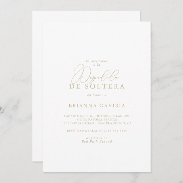 Gold Classy Chic Minimalist Spanish Bridal Shower Invitation (Front/Back)