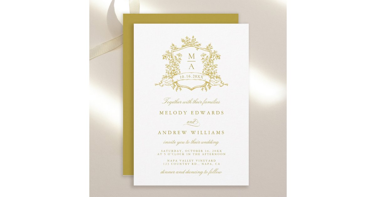 Gold Classy Floral Crest Wedding Invitation Zazzle gold-classy-floral-crest-wedding-invitation-zazzle