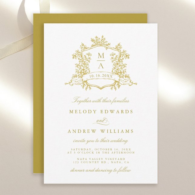 Gold Classy Floral Crest Wedding Invitation (Creator Uploaded)