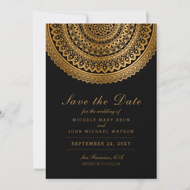 Gold Classy Mandala Black Save the Date White Card (Front)