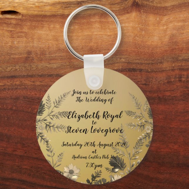 Gold Clear & Simple Light Floral Design Wedding Keychain (Front)