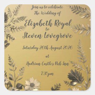 Gold Clear & Simple Light Floral Design Wedding Square Sticker