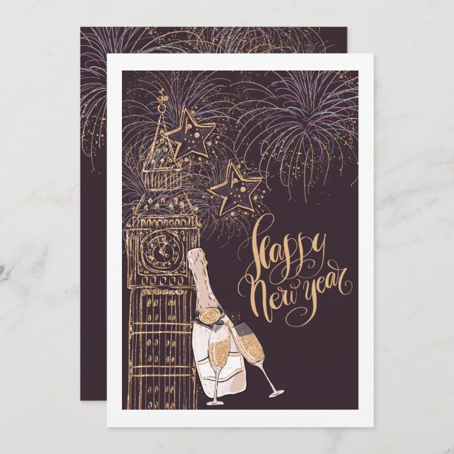 Gold Clock Happy New Year Invitation (Front/Back)