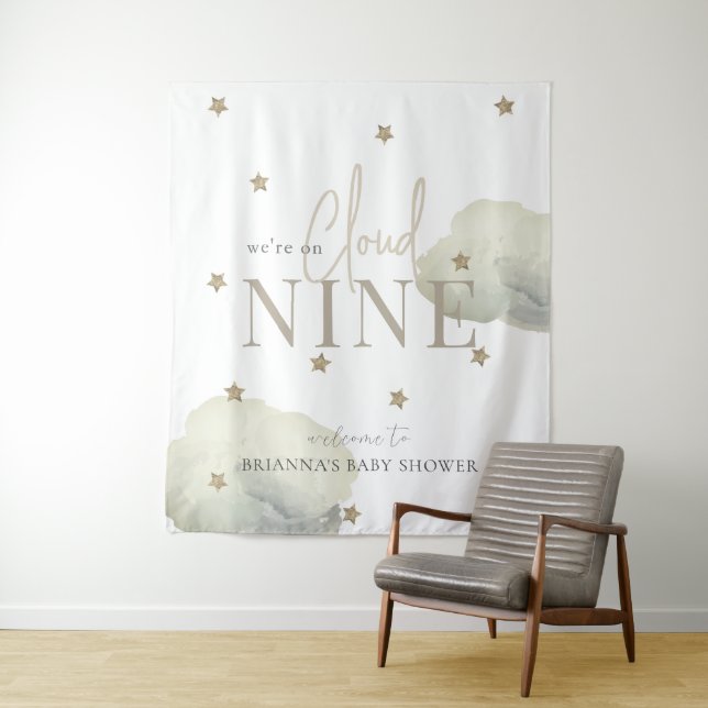 Gold Cloud 9 Stars Watercolor Baby Shower Welcome Tapestry (In Situ)