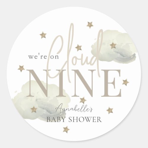 Gold Cloud 9 Stars Watercolor Boy Baby Shower Classic Round Sticker