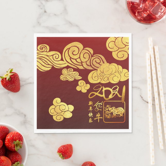 Gold Clouds Ox paper-cut Chinese New Year 2021 PN Napkins (Insitu)
