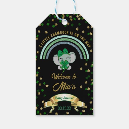Gold Clover Elephant St Patrick Baby Shower Gift Tags