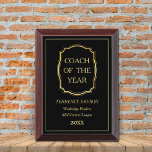 Gold Coach of the Year Award Plaque<br><div class="desc">Your custom text in gold is framed by a shiny gold ornate frame. More text fields are below the frame for you to customize. Everything is placed on a dramatic black background.</div>