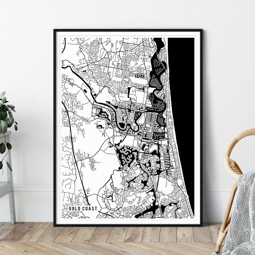 Gold Coast Map Minimal Black and White Line Map Poster