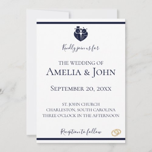 Gold Coastal White Navy Blue Nautical Wedding Invitation