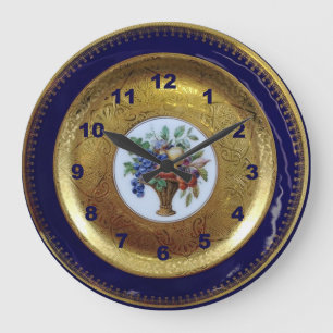 Gold, Cobalt Blue, and Floral Antique Plate Large Clock