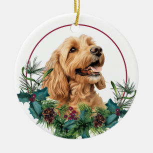 Gold Cockapoo Dog Evergreen Wreath Ceramic Ornament
