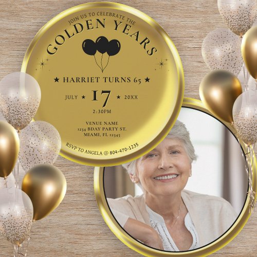 Gold Coin Golden Years Photo 65th Birthday Party Invitation