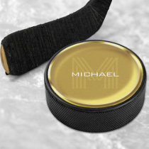 Gold Coin Name Monogram Initial Hockey Puck