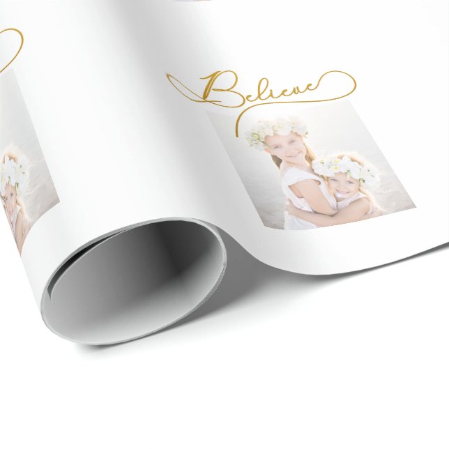 Gold Color Believe Script with Photo Christmas Wrapping Paper (Roll Corner)