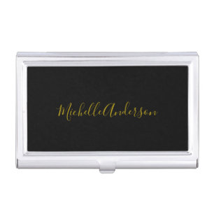 Gold Color Black Modern Minimalist Handwrite Name Business Card Case