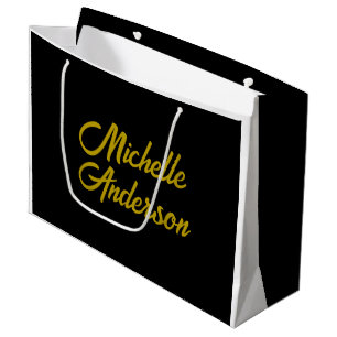 Gold Color Black Modern Minimalist Handwrite Name Large Gift Bag