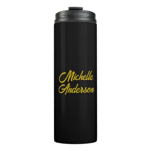 Gold Color Black Modern Minimalist Handwrite Name Thermal Tumbler