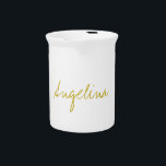 Gold Color Elegant Stylish Trendy Unique Script Beverage Pitcher<br><div class="desc">Looking for a beautiful calligraphy with an aesthetic handwriting? This simple,  eye-catching design is for you. This product immediately impresses those who see it. The fine and tasteful design will immediately reflect the quality of your relationship and family.</div>