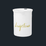 Gold Color Elegant Stylish Trendy Unique Script Beverage Pitcher<br><div class="desc">Looking for a beautiful calligraphy with an aesthetic handwriting? This simple,  eye-catching design is for you. This product immediately impresses those who see it. The fine and tasteful design will immediately reflect the quality of your relationship and family.</div>