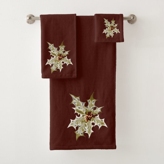 Gold Color Foil Holly On Burgundy Bath Towel Set | Zazzle.com