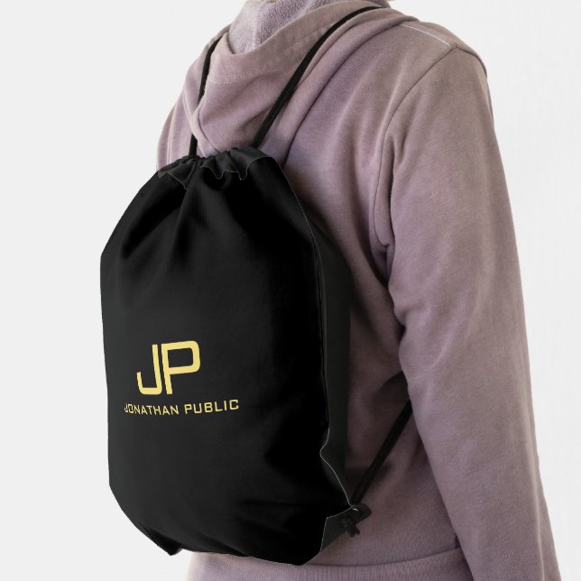 Gold Color Initial Monogram Name Modern Elegant Drawstring Bag (Insitu)