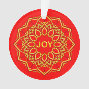 Gold color mandala flower Joy optional text on Red Ornament