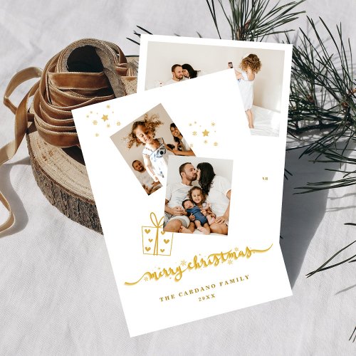 Gold Color Merry Christmas Photo Collage Holiday Card