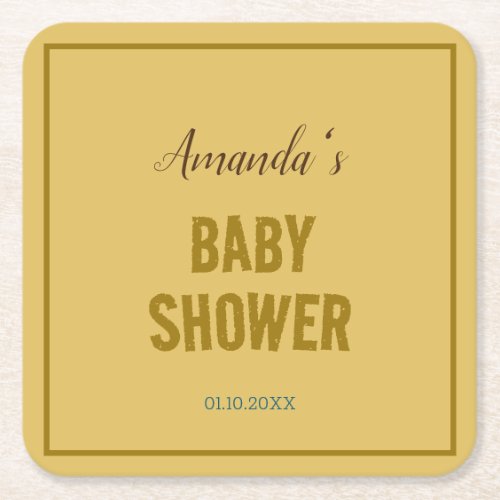 Gold Color Modern Minimalist Baby Shower Square Paper Coaster