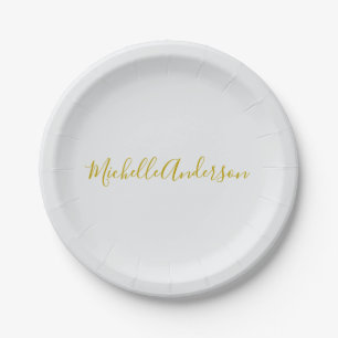 Gold Color Modern Minimalist Handwriting Name Paper Plates