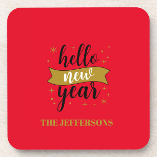 Gold Color Red Happy New Year Merry Christmas Beverage Coaster